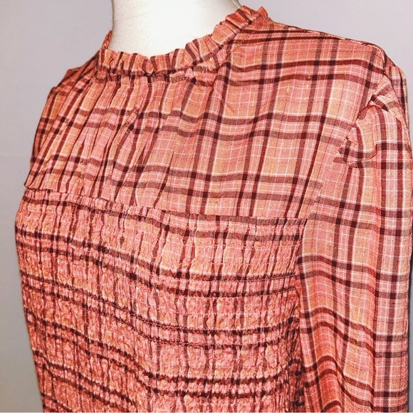 Fall Orange Plaid Shimmer High Neck Smocked Peplum Top Cato NEW - Picture 3 of 3